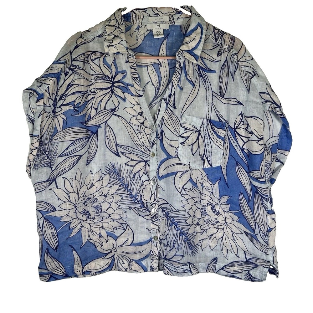 H By Halston 100% Linen Shirt Top Blue Floral Tropical Relaxed Boxy Button Up Sz
